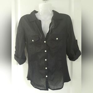 V-Neck Black Button-Up Women's Top